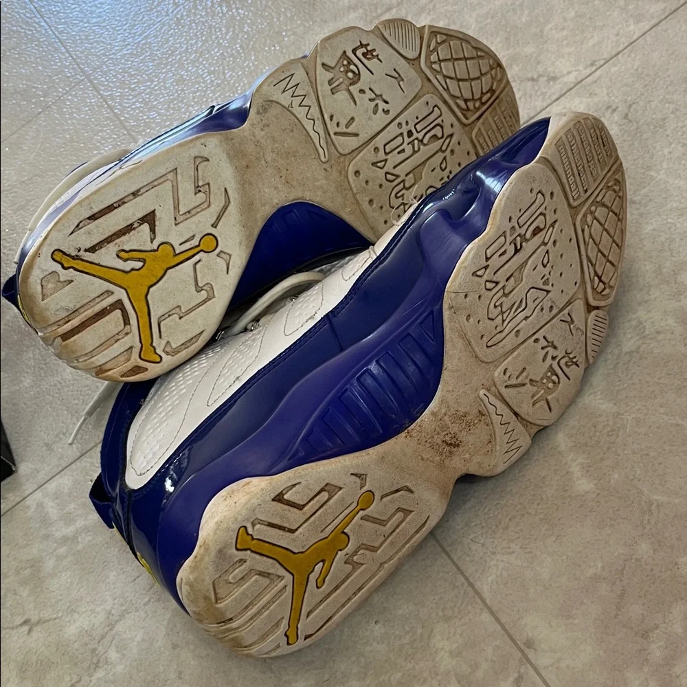 Men's Air Jordan 9 Retro White and Blue Sneakers with Yellow Accents 10